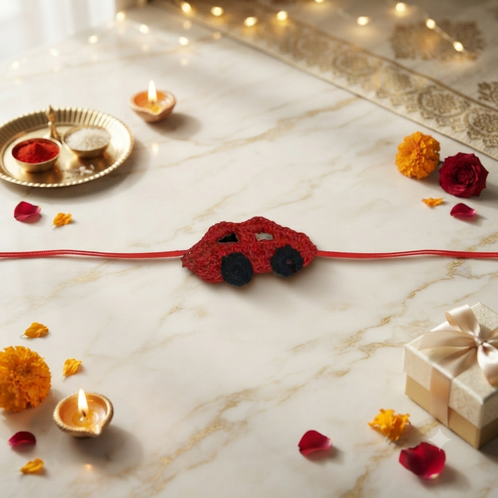 Handmade Crochet Rakhi – Little Car (Style 2)