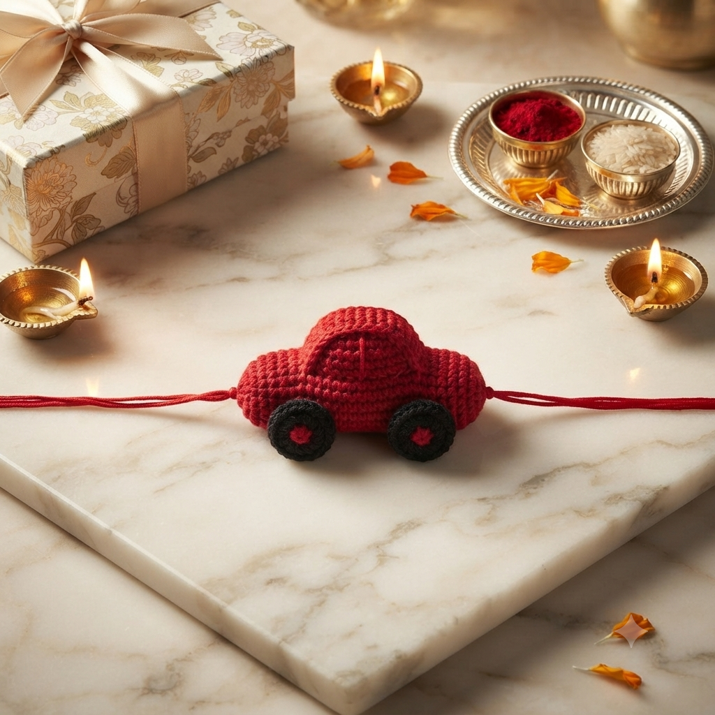 Handmade Crochet Rakhi – Little Car (Style 3)