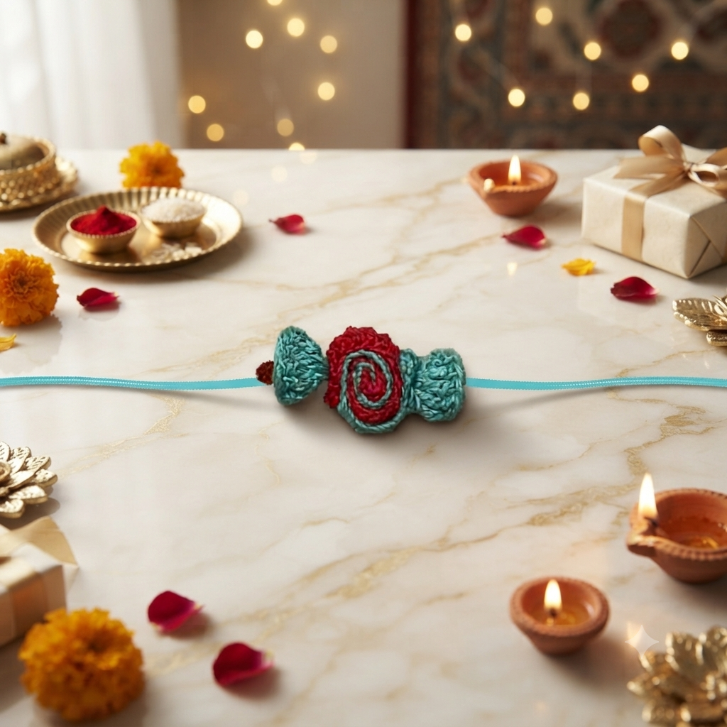 Handmade Crochet Rakhi – Teal Rose